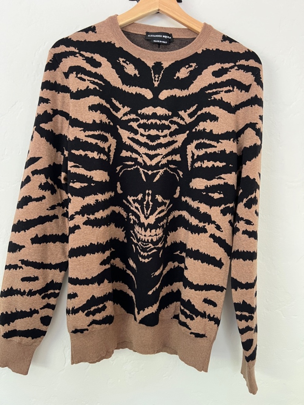 Wool Alexander McQueen Black and Brown Tiger-Pattern Crewneck Sweater